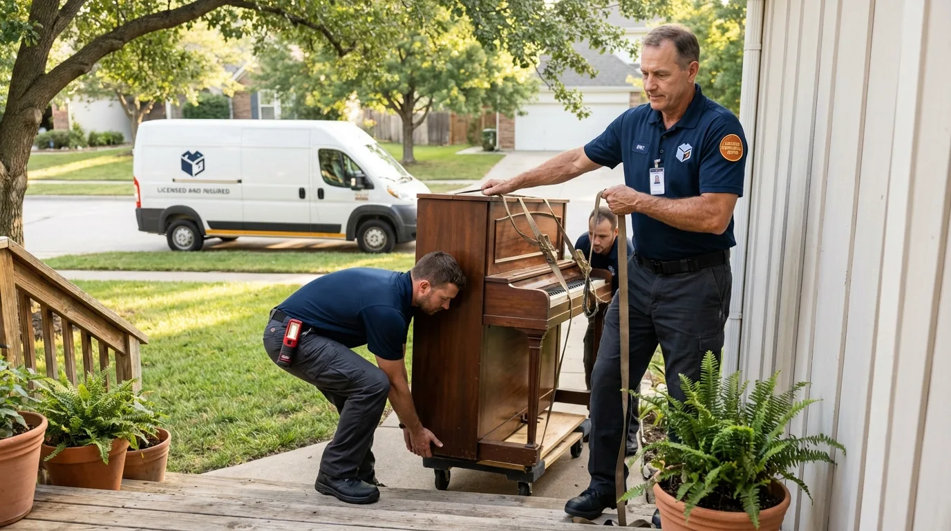 Licensed piano movers securing grand piano in Beltsville, MD