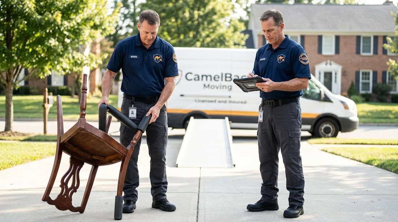 Movers inspecting furniture for damage prevention before loading in Beltsville, MD