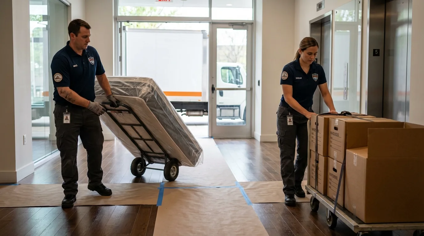 Professional apartment movers loading elevator in Beltsville, MD