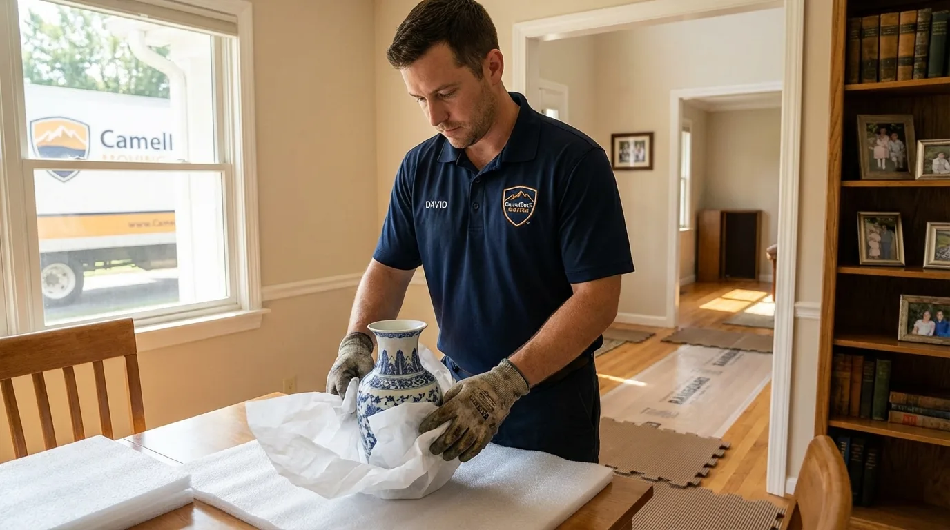 Professional crew carefully wrapping antique vase for senior downsizing move in Beltsville, MD